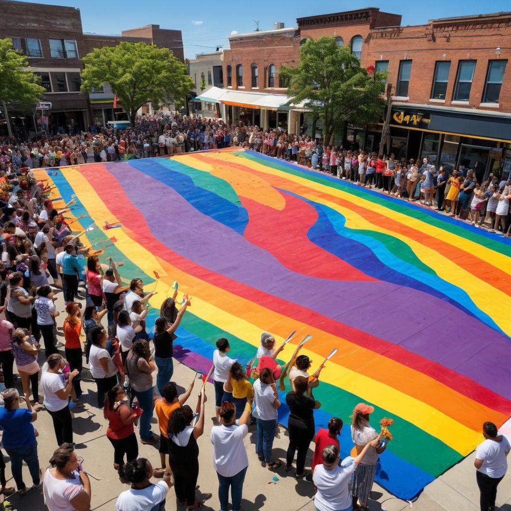 A vibrant community gathering scene showcasing diverse LGBTQ+ individuals engaging in various activities, such as painting a mural, sharing stories, and holding supportive signs. The background features a colorful rainbow flag, emphasizing inclusivity and support. Include elements like flowers, friendly smiles, and banners promoting resources. super-realistic. vibrant colors. warm atmosphere.