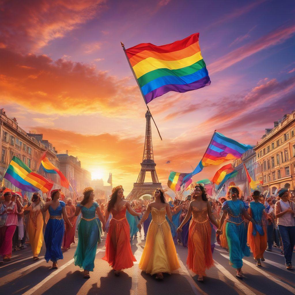 A vibrant, colorful parade scene showcasing diverse individuals waving rainbow flags, adorned in elaborate costumes, celebrating love and acceptance. Include iconic landmarks subtly blending into the background, symbolizing advocacy and unity. The atmosphere should be filled with joyful expressions and heartwarming interactions in the crowd. glowing lights under a sunset sky, reflecting the spirit of Pride. super-realistic. vibrant colors. 3D.