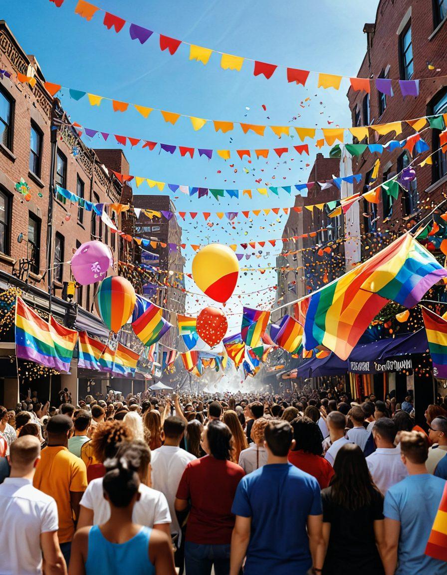 An explosion of color representing diverse LGBTQ+ pride flags woven together in a tapestry, with joyful people of various identities celebrating at a vibrant street festival adorned with balloons and confetti. The scene is lively, showcasing laughter, inclusive banners, and unity in diversity, emphasizing the beauty of love and acceptance. super-realistic. vibrant colors. 3D.
